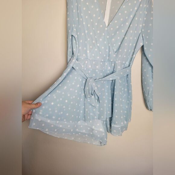Blue Polka Dot Romper Jumpsuit White Frill Romantic Girly Date Night Coquette XL - Picture 4 of 8